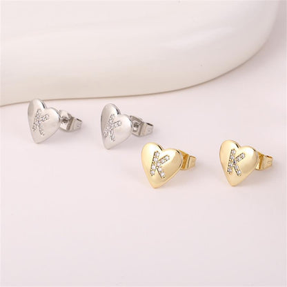 1 Pair Simple Style Letter Heart Shape Inlay Copper Rhinestones 18K Gold Plated White Gold Plated Ear Studs