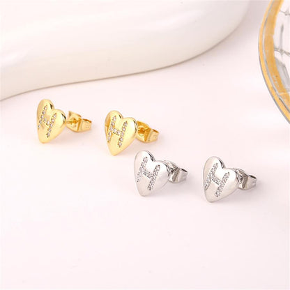 1 Pair Simple Style Letter Heart Shape Inlay Copper Rhinestones 18K Gold Plated White Gold Plated Ear Studs