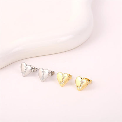 1 Pair Simple Style Letter Heart Shape Inlay Copper Rhinestones 18K Gold Plated White Gold Plated Ear Studs