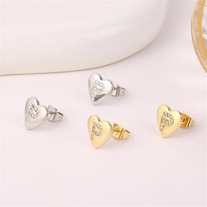 1 Pair Simple Style Letter Heart Shape Inlay Copper Rhinestones 18K Gold Plated White Gold Plated Ear Studs