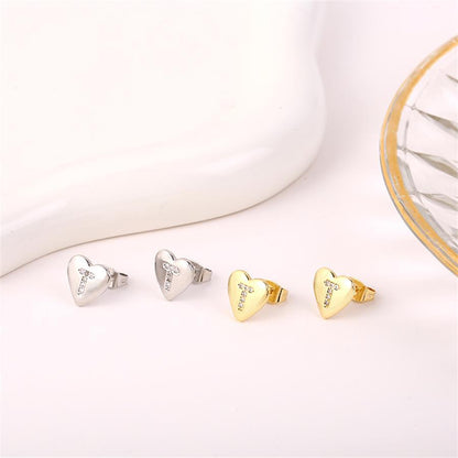 1 Pair Simple Style Letter Heart Shape Inlay Copper Rhinestones 18K Gold Plated White Gold Plated Ear Studs