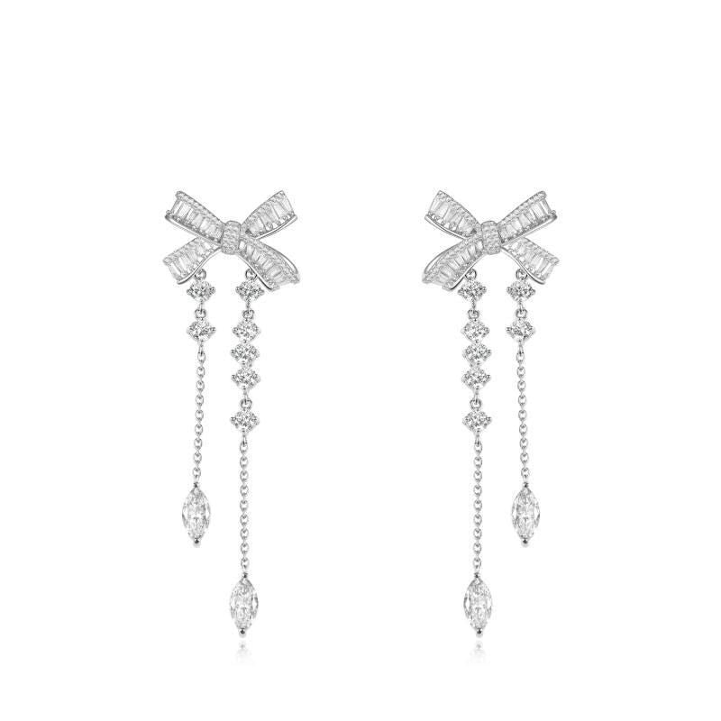 1 Pair Elegant Sweet Water Droplets Bow Knot Tassel Copper Zircon Drop Earrings