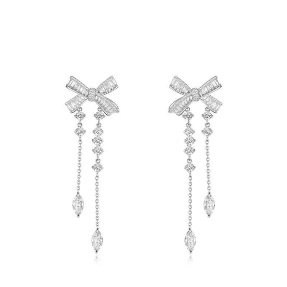 1 Pair Elegant Sweet Water Droplets Bow Knot Tassel Copper Zircon Drop Earrings