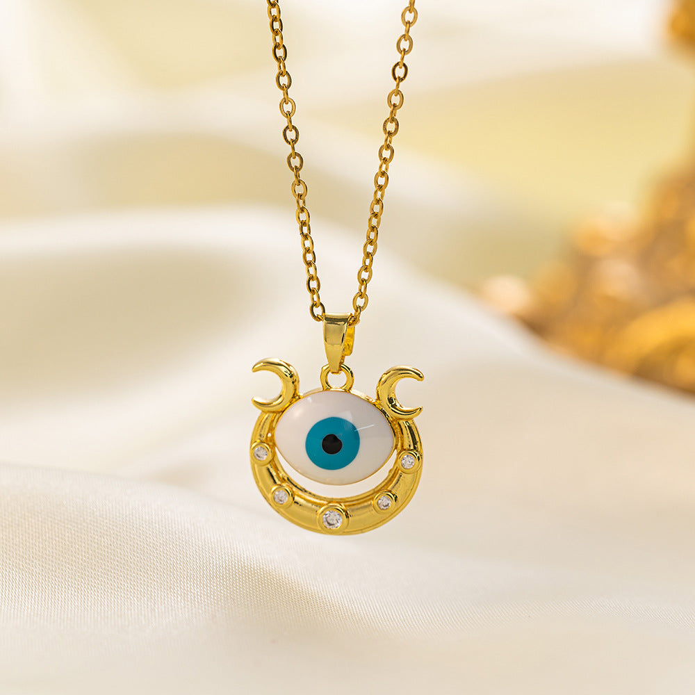 Titanium Steel 18K Gold Plated Vintage Style Simple Style Eye Inlaid Zircon Artificial Rhinestones Pendant Necklace