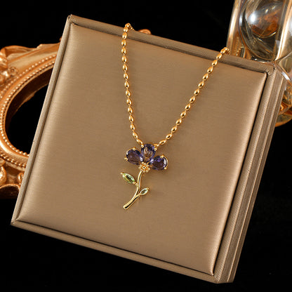 Stainless Steel Copper 18K Gold Plated Sweet Flower Inlay Zircon Pendant Necklace