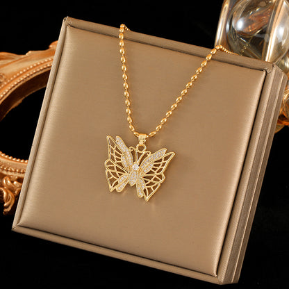 Stainless Steel Titanium Steel 18K Gold Plated IG Style Simple Style Shiny Butterfly Hollow Out Inlay Zircon Pendant Necklace