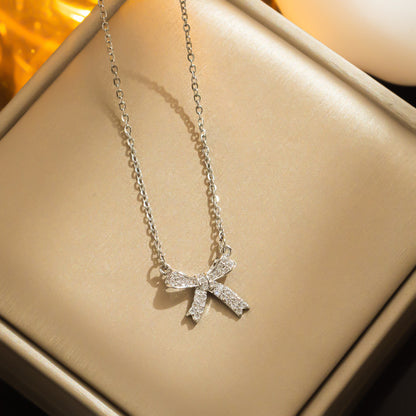 Titanium Steel Simple Style Shiny Bow Knot Inlay Zircon Necklace