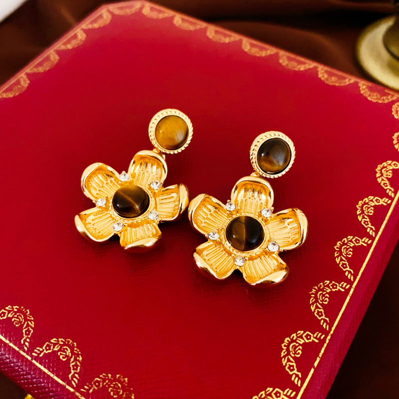 1 Pair IG Style Elegant Flower Plating Tiger Eye Drop Earrings