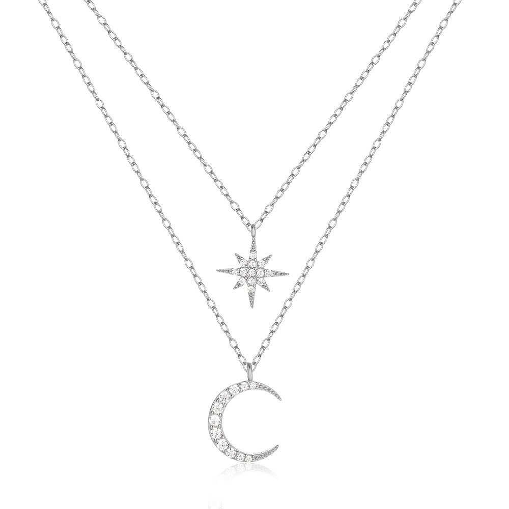 Sterling Silver Simple Style Star Moon Plating Inlay Zircon Double Layer Necklaces