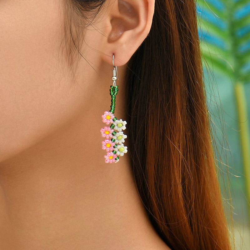 1 Pair Casual Sweet Flower Beaded Alloy Drop Earrings