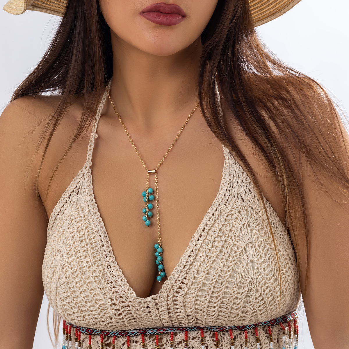 Turquoise Copper Retro Ethnic Style Geometric Tassel Necklace