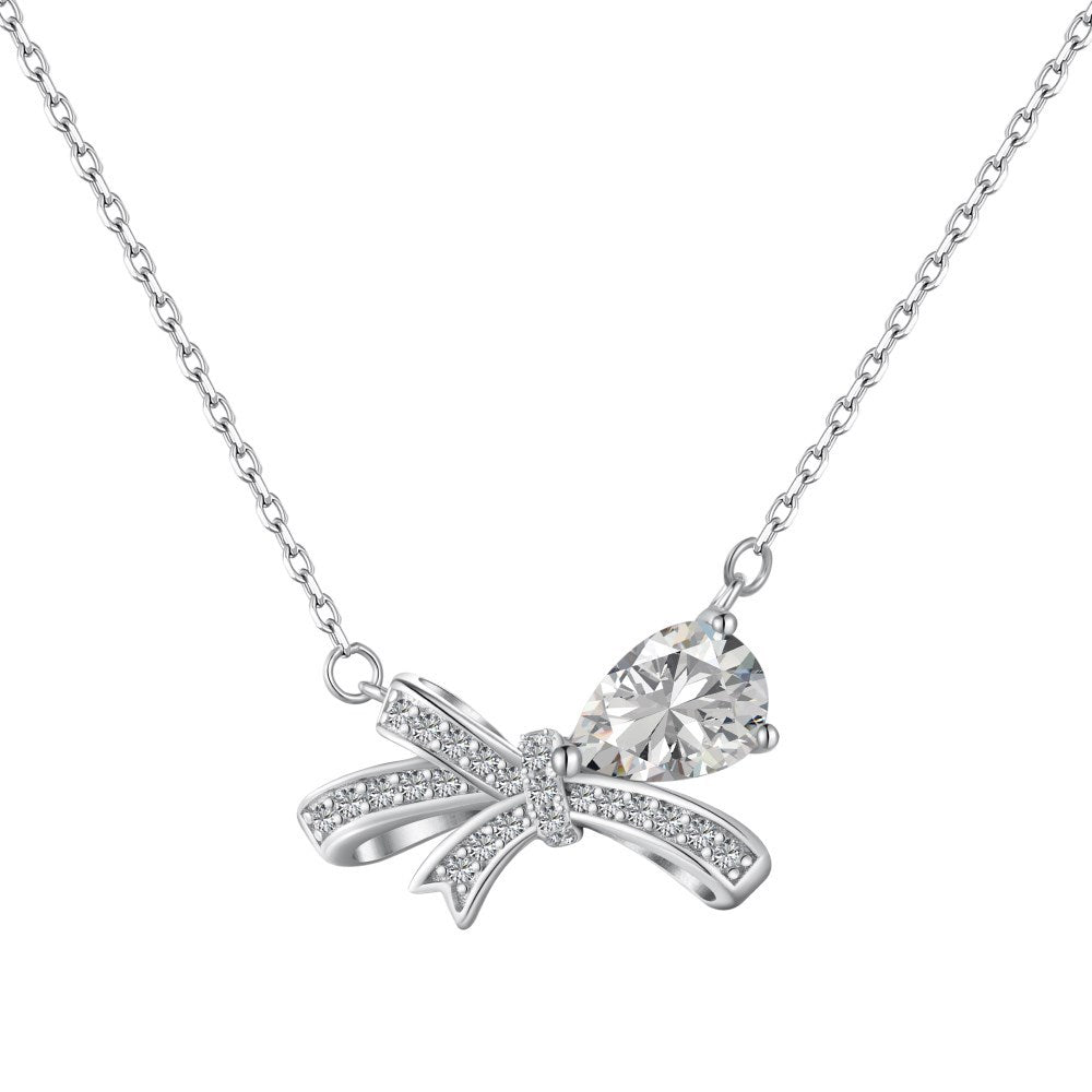 Sterling Silver Elegant Simple Style Bow Knot Plating Inlay Zircon Necklace