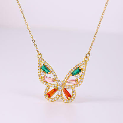 Elegant Butterfly Stainless Steel Artificial Gemstones Copper Inlay Zircon 18K Gold Plated Women's Pendant Necklace