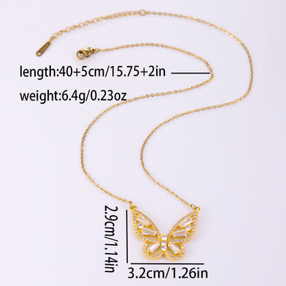 Elegant Butterfly Stainless Steel Artificial Gemstones Copper Inlay Zircon 18K Gold Plated Women's Pendant Necklace