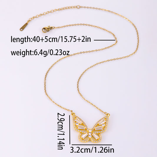 Elegant Butterfly Stainless Steel Artificial Gemstones Copper Inlay Zircon 18K Gold Plated Women's Pendant Necklace