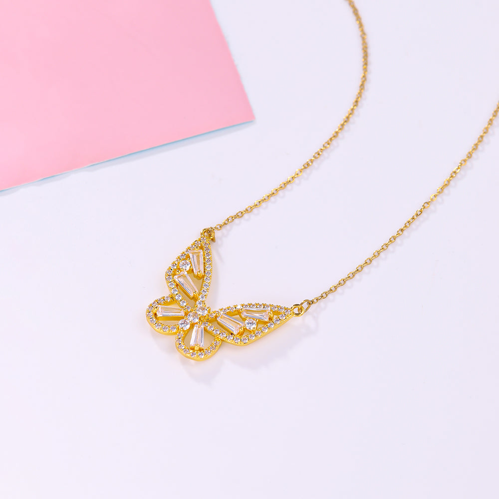 Elegant Butterfly Stainless Steel Artificial Gemstones Copper Inlay Zircon 18K Gold Plated Women's Pendant Necklace