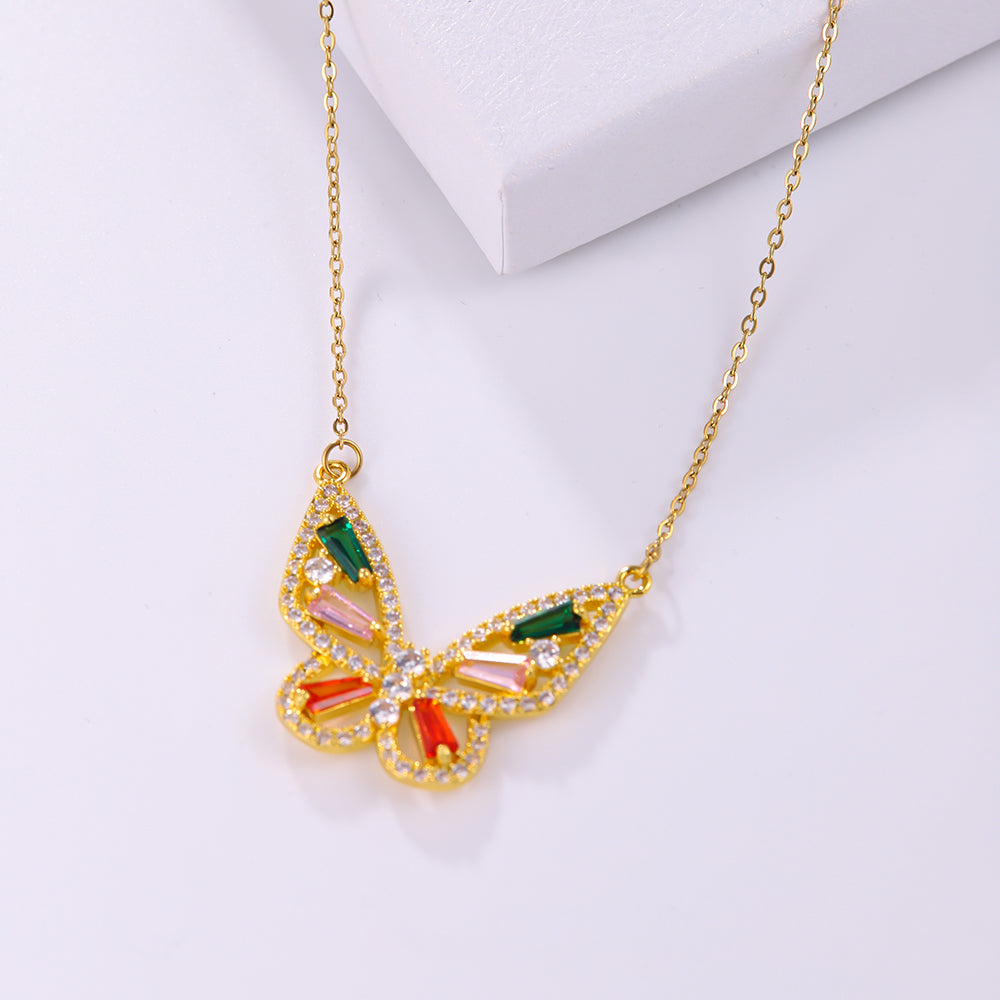 Elegant Butterfly Stainless Steel Artificial Gemstones Copper Inlay Zircon 18K Gold Plated Women's Pendant Necklace