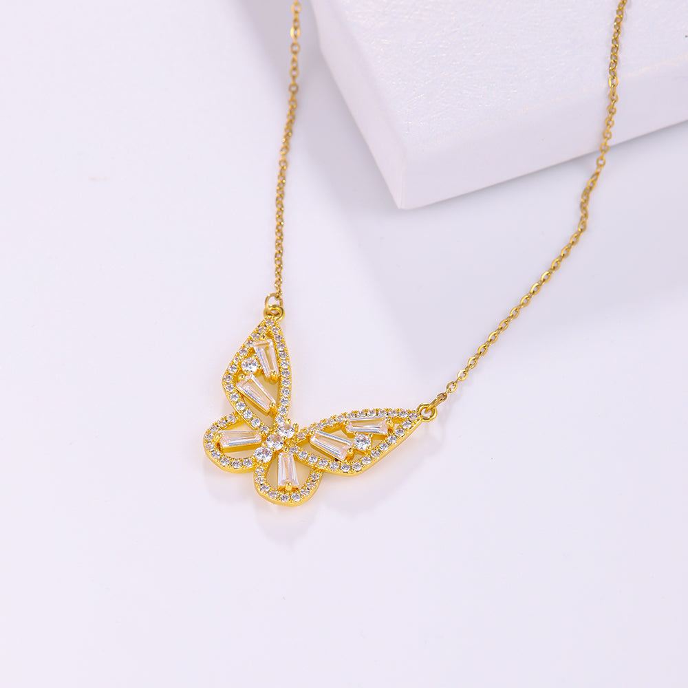 Elegant Butterfly Stainless Steel Artificial Gemstones Copper Inlay Zircon 18K Gold Plated Women's Pendant Necklace