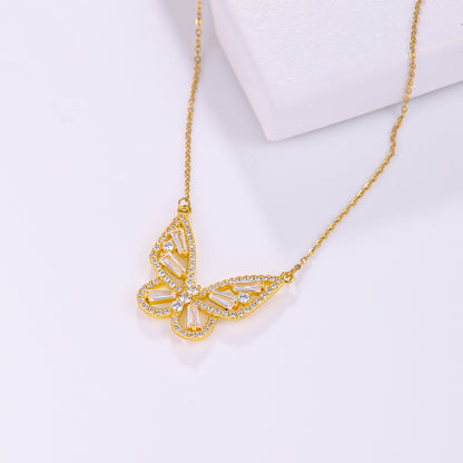 Elegant Butterfly Stainless Steel Artificial Gemstones Copper Inlay Zircon 18K Gold Plated Women's Pendant Necklace