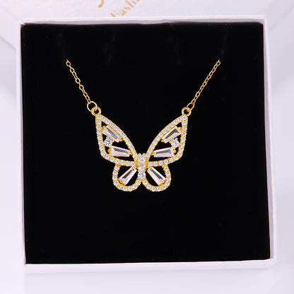 Elegant Butterfly Stainless Steel Artificial Gemstones Copper Inlay Zircon 18K Gold Plated Women's Pendant Necklace