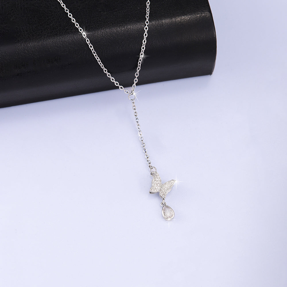 Stainless Steel Copper White Gold Plated Simple Style Butterfly Inlay Zircon Pendant Necklace