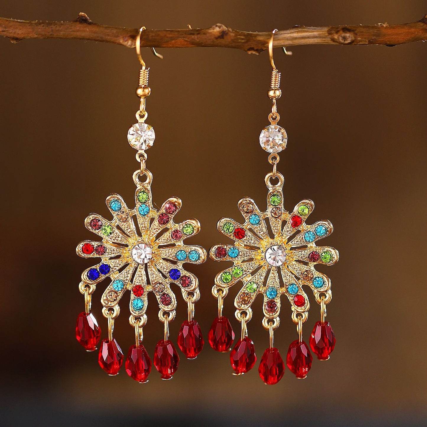 1 Pair Vintage Style Bohemian Water Droplets Petal Crystal Inlay Alloy Rhinestones Drop Earrings