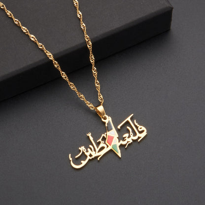 Stainless Steel IG Style Punk Map Letter Fist Enamel Hollow Out Pendant Necklace