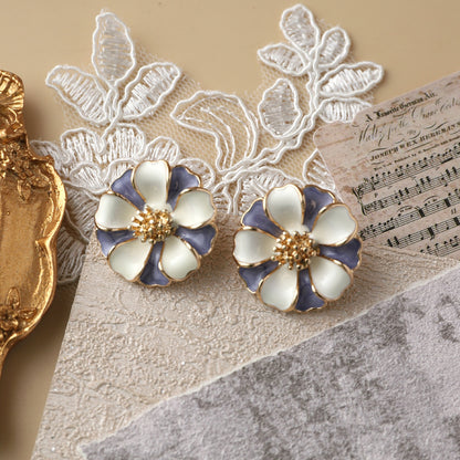 1 Pair Retro Flower Enamel Imitation Pearl Ear Studs