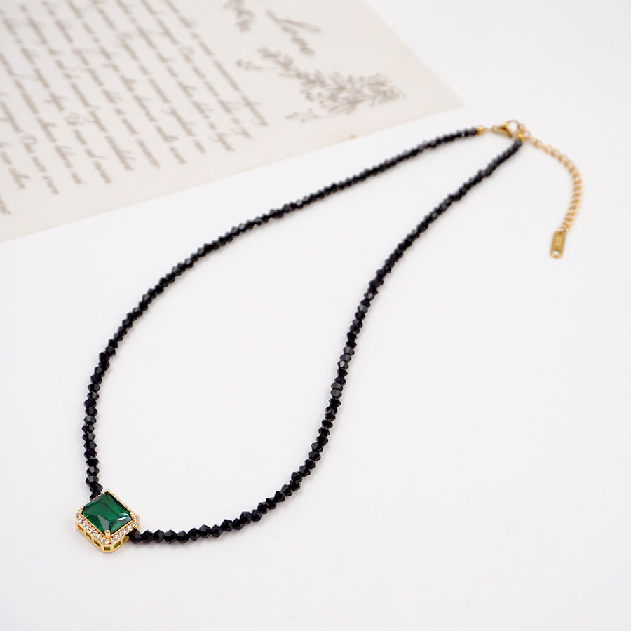 Elegant Vintage Style Handmade Square Alloy Titanium Steel Beaded Pearl Inlay Glass Gold Plated Women's Necklace