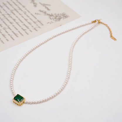 Elegant Vintage Style Handmade Square Alloy Titanium Steel Beaded Pearl Inlay Glass Gold Plated Women's Necklace