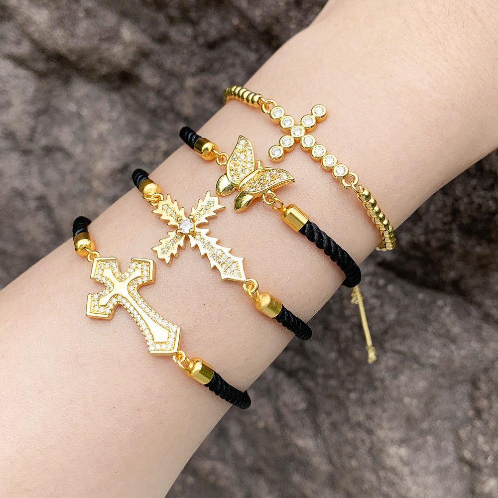 Copper Vintage Style Cross Butterfly Inlay Zircon Bracelets