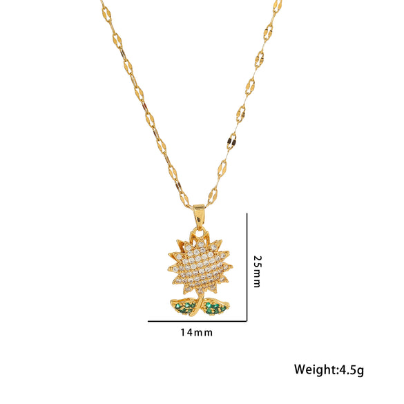 Stainless Steel 18K Gold Plated Shiny Sunflower Inlay Zircon Pendant Necklace