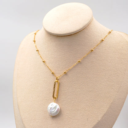 Freshwater Pearl Titanium Steel Gold Plated Vintage Style Baroque Style Round Chain Pendant Necklace