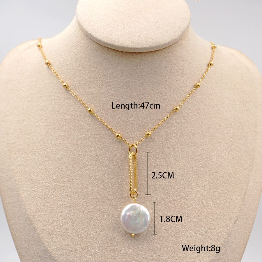 Freshwater Pearl Titanium Steel Gold Plated Vintage Style Baroque Style Round Chain Pendant Necklace