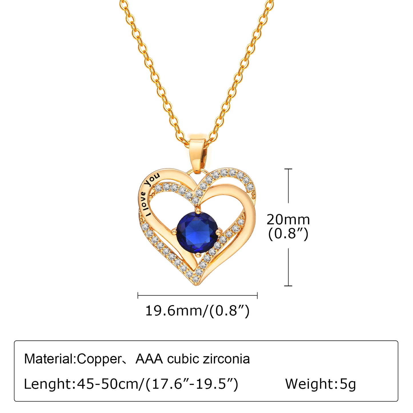 Stainless Steel Copper 18K Gold Plated Elegant Shiny Double Heart Inlay Zircon Pendant Necklace