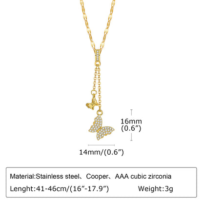 Stainless Steel Copper 18K Gold Plated Pastoral Shiny Butterfly Zircon Pendant Necklace