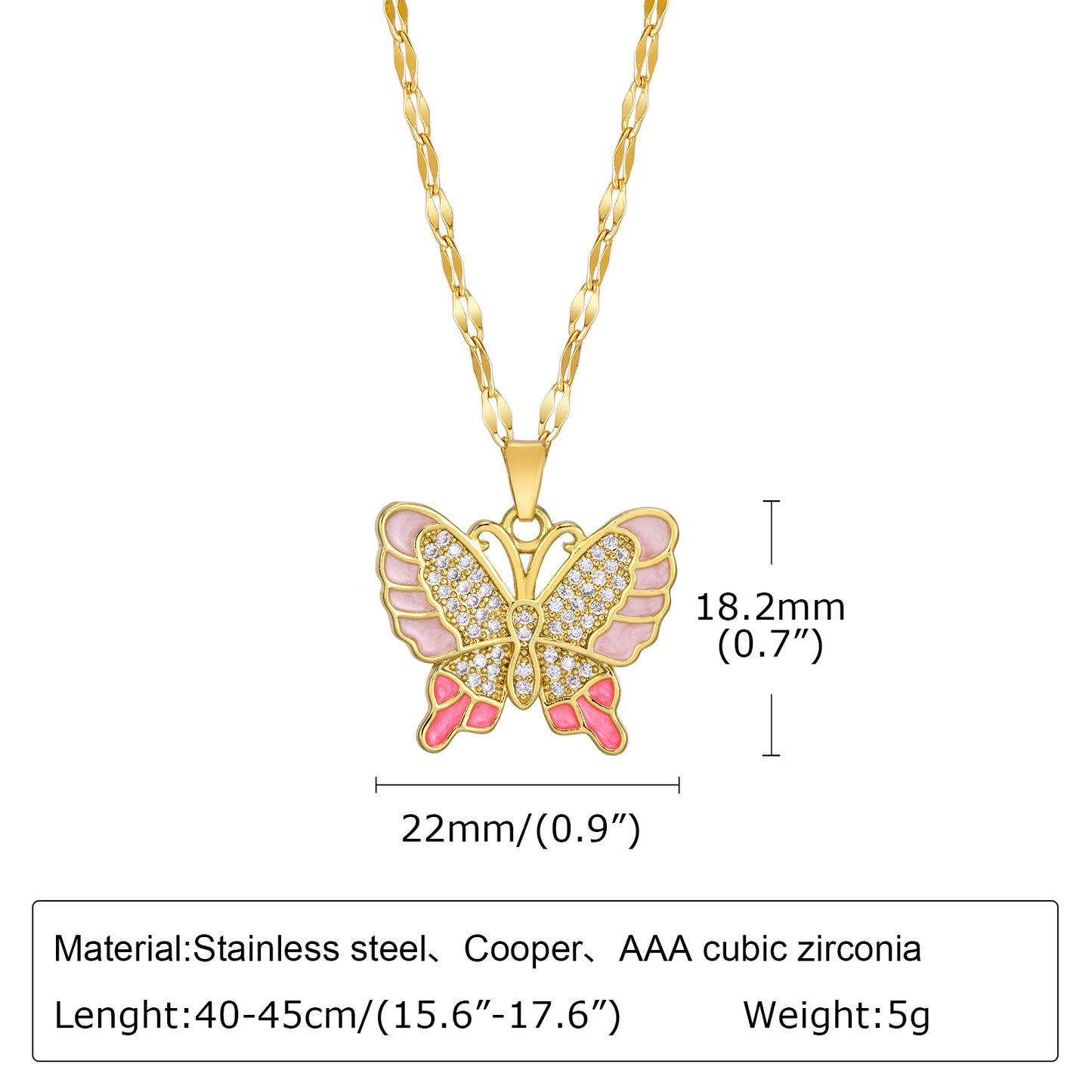 Stainless Steel Copper 18K Gold Plated Pastoral Shiny Butterfly Zircon Pendant Necklace