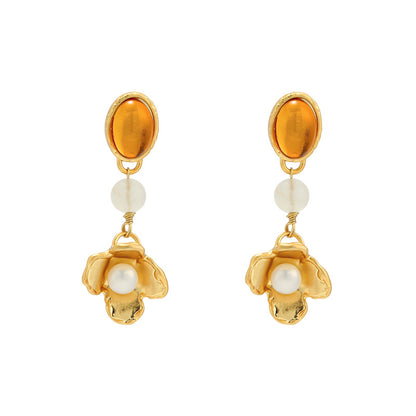 1 Pair Classical Flower Natural Stone Freshwater Pearl Copper Gold Plated Drop Earrings