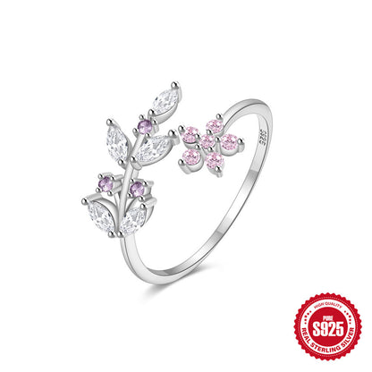 Sterling Silver Elegant Leaves Plating Inlay Zircon Rings