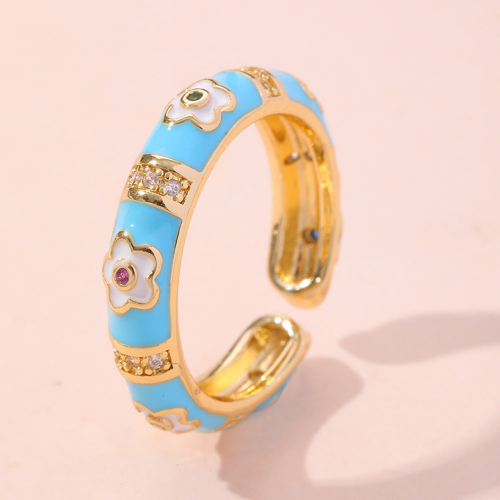 Wholesale Vintage Style Flower Copper Inlay Artificial Gemstones Open Rings