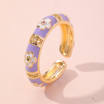 Wholesale Vintage Style Flower Copper Inlay Artificial Gemstones Open Rings