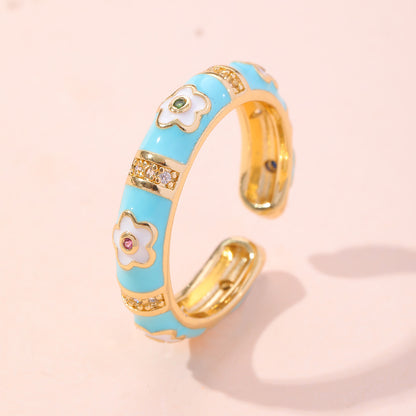 Wholesale Vintage Style Flower Copper Inlay Artificial Gemstones Open Rings