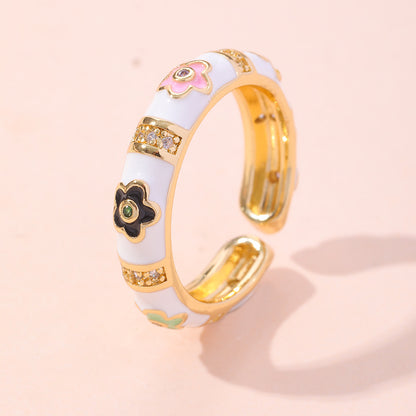 Wholesale Vintage Style Flower Copper Inlay Artificial Gemstones Open Rings