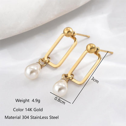 1 Pair Elegant Sweet Simple Style Heart Shape Rectangle Hollow Out Inlay Stainless Steel Artificial Pearls 14K Gold Plated Drop Earrings Ear Studs