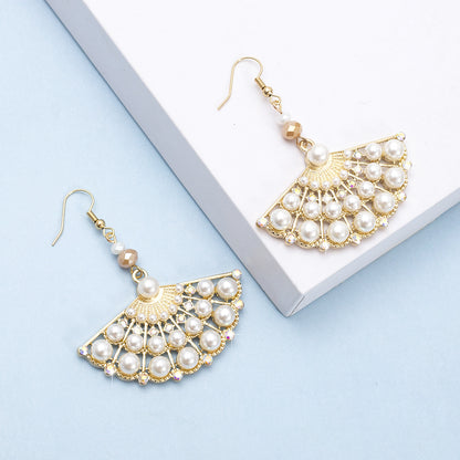 1 Pair Casual Ethnic Style Sector Hollow Out Inlay Alloy Artificial Pearls Rhinestones Drop Earrings