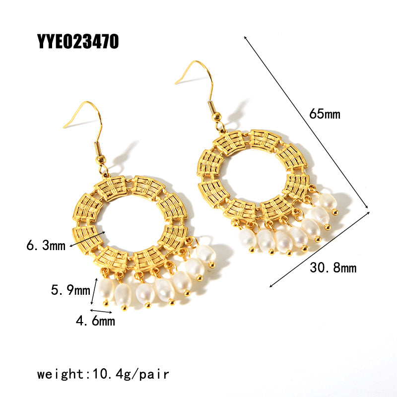 1 Pair Vintage Style Geometric Round Inlay Stainless Steel Pearl 18K Gold Plated Drop Earrings