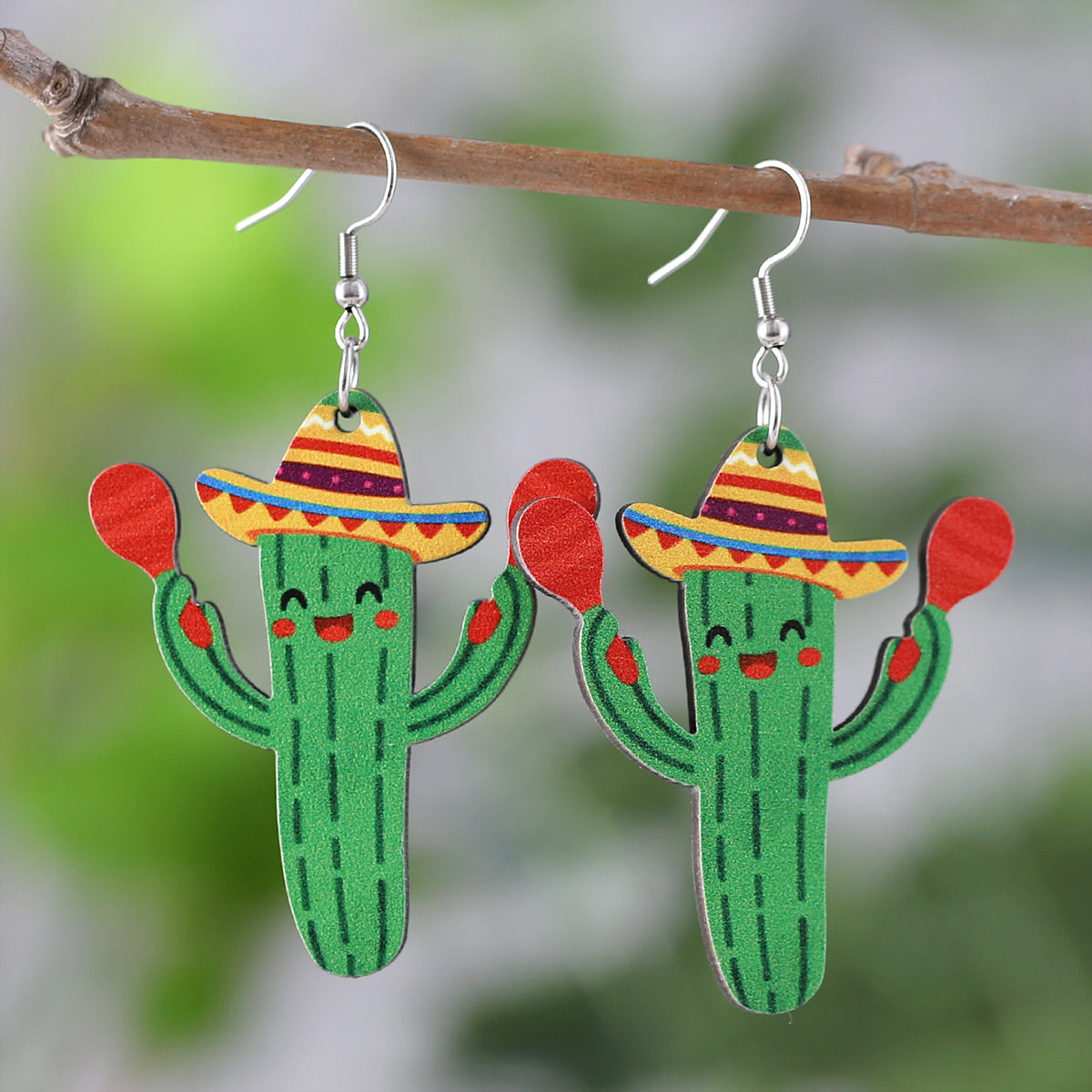 1 Pair Retro Cactus Cartoon Plant Wood Drop Earrings