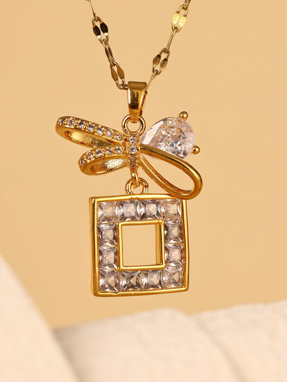 Stainless Steel 18K Gold Plated Elegant Bow Knot Rectangle Hollow Out Inlay Zircon Pendant Necklace