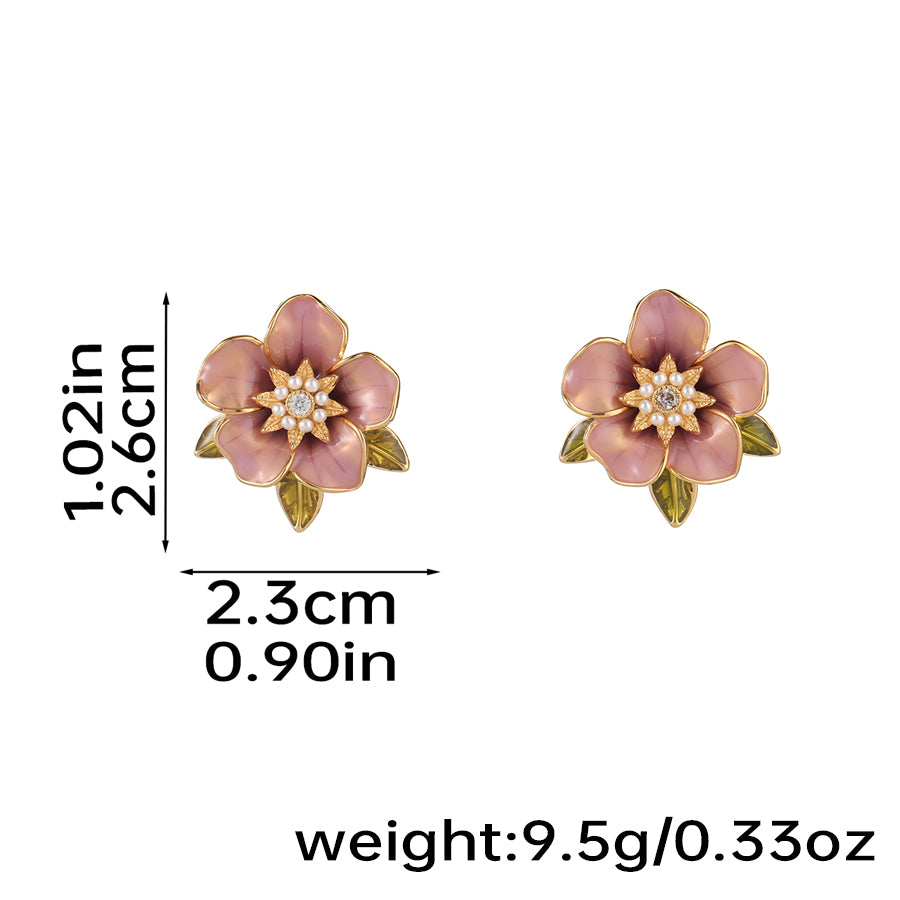 1 Pair Original Design Romantic Flower Enamel Inlay Copper Artificial Pearls Rhinestones Zircon 18K Gold Plated Ear Studs