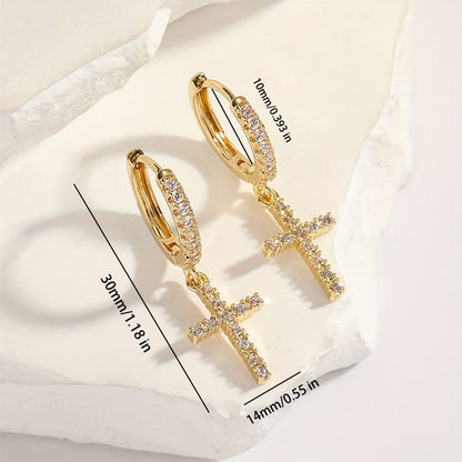 1 Pair Elegant Glam Cross Round Star Handmade Inlay Copper Zircon K Gold Plated White Gold Plated Drop Earrings